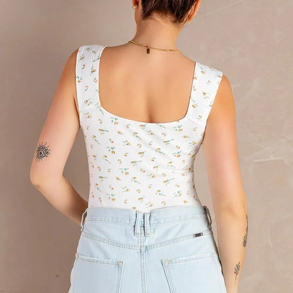 White White Floral Print Ribbed U Neck Sleeveless Bodysuit - Picture 4 of 5